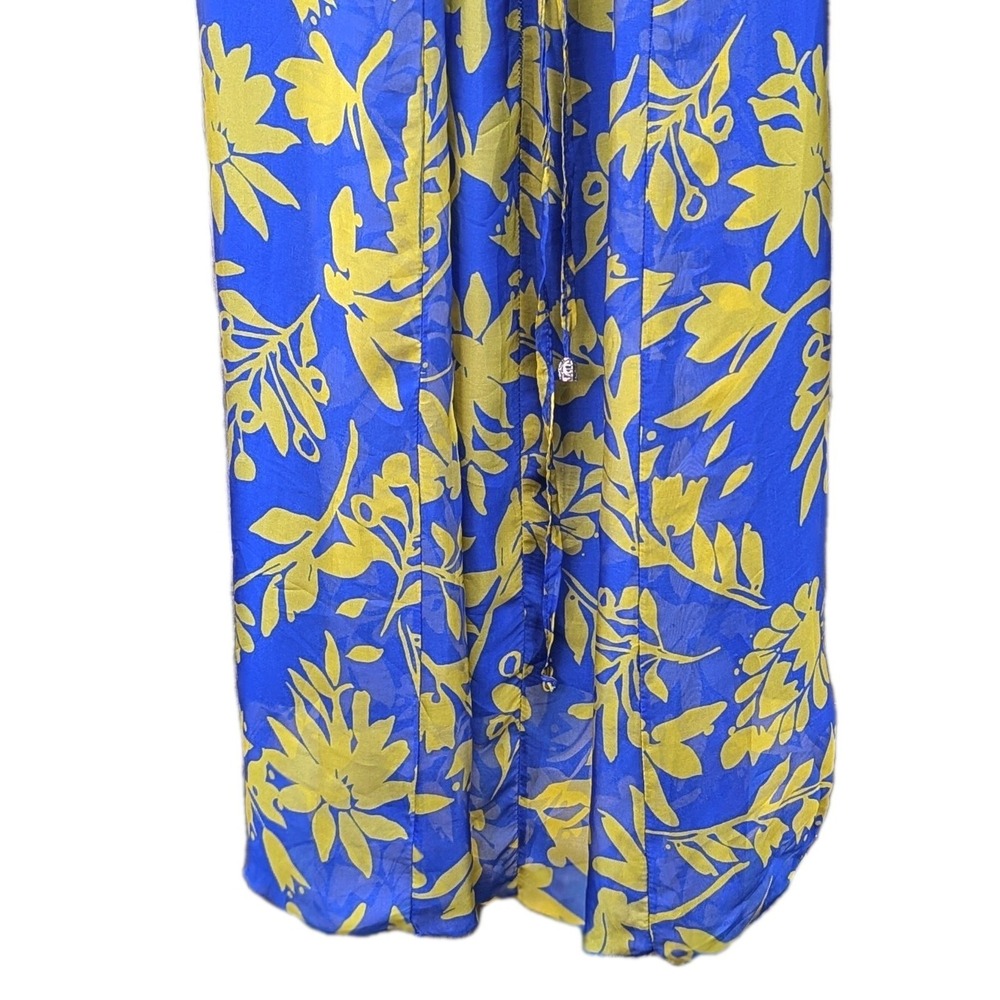 L Women Rosemarine Sleeveless Silk Blend Blue Yellow Floral Dress Maxi Flowy Tie - Picture 8 of 9